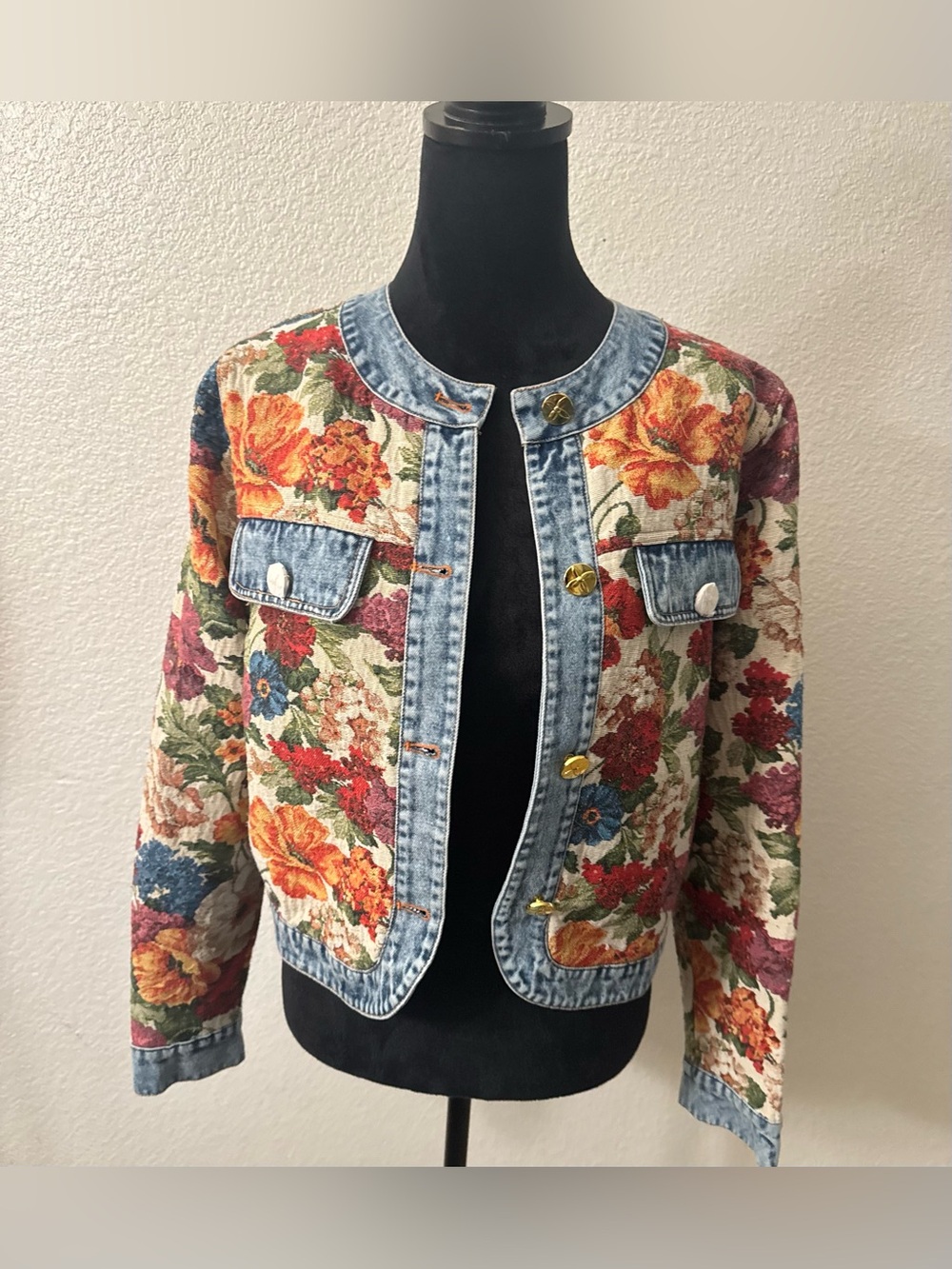 DAVI & DANI Floral Tapestry Jacket with Denim Trim - Multicolor